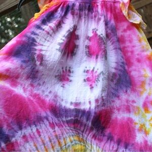Tie dye dress child size 5 110cm hand dyed “peace sign sun” 100% cotton dress